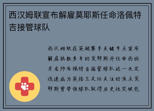 西汉姆联宣布解雇莫耶斯任命洛佩特吉接管球队 西汉姆联宣布解雇莫耶斯任命洛佩特吉接管球队